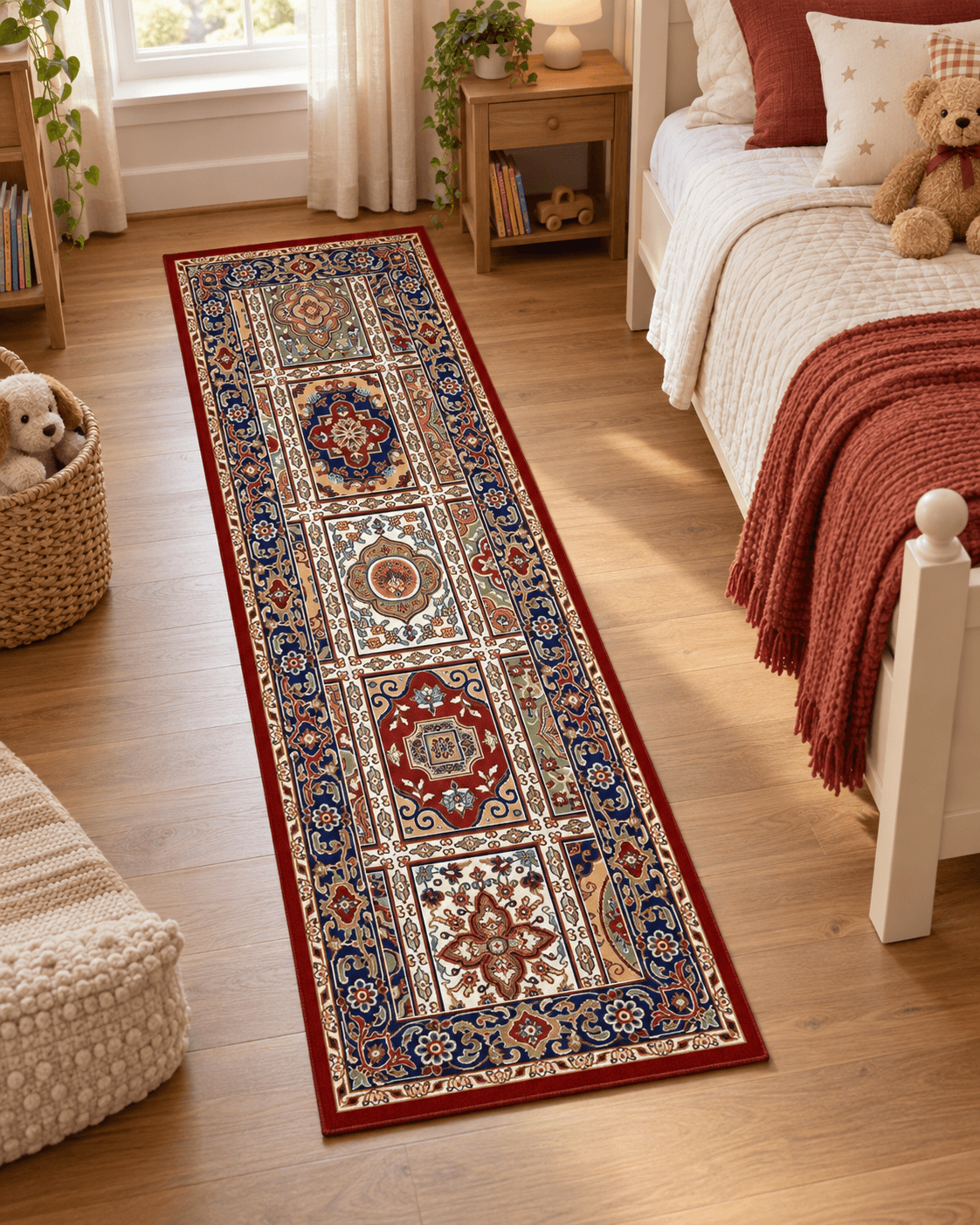 2x5 ft Sapphire Runner Heatset Carpet styled beside a bed